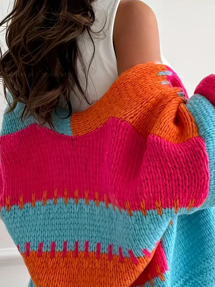 Boho Colorblock Chunky Knit Oversized Cardigan Sweater