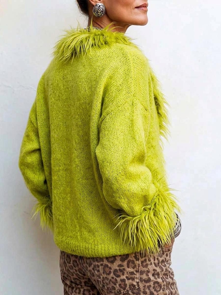 Maglione lavorato a maglia con scollo a V con finiture sfocate verde lime da donna
