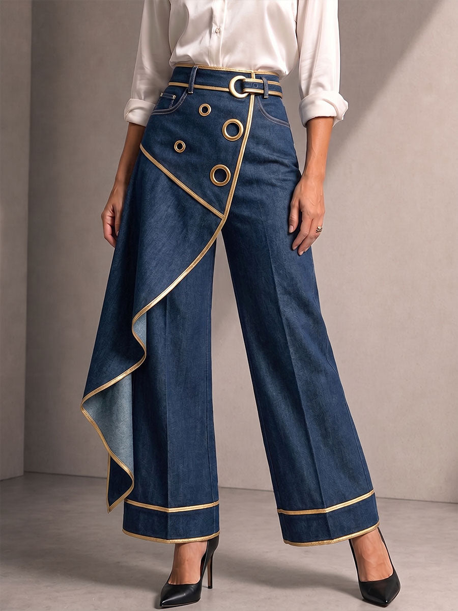 Women's High-waisted Luxurious Gold-trimmed Heavy-duty Circular Metal Cutout Casual Wide-leg Trousers