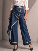 Women's High-waisted Luxurious Gold-trimmed Heavy-duty Circular Metal Cutout Casual Wide-leg Trousers