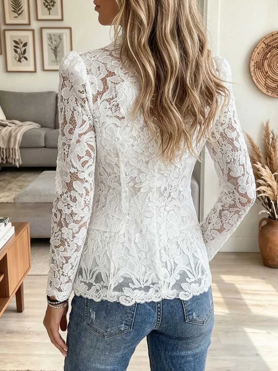Chaqueta de traje a medida con botones transparentes de manga larga con encaje floral para mujer