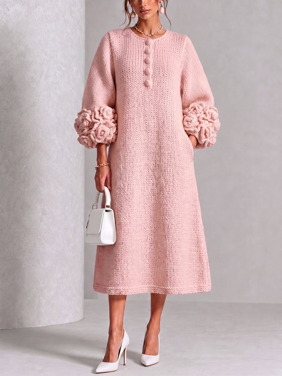 Chic Rose Pink Floral Accented Knit Midi Dress