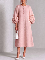 Chic Rose Pink Floral Accented Knit Midi Dress