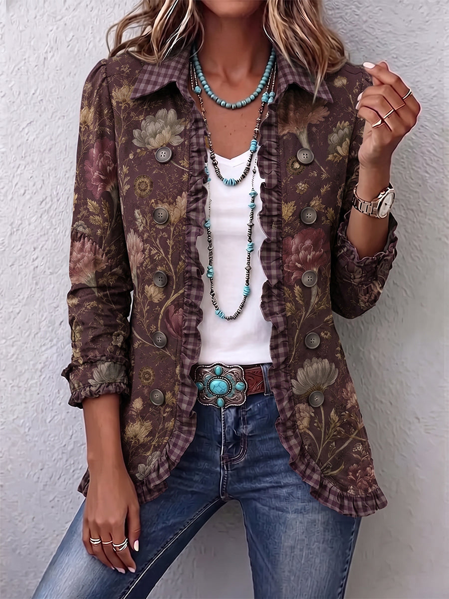 Vintage Floral Plaid-Trim Ruffled Jacket