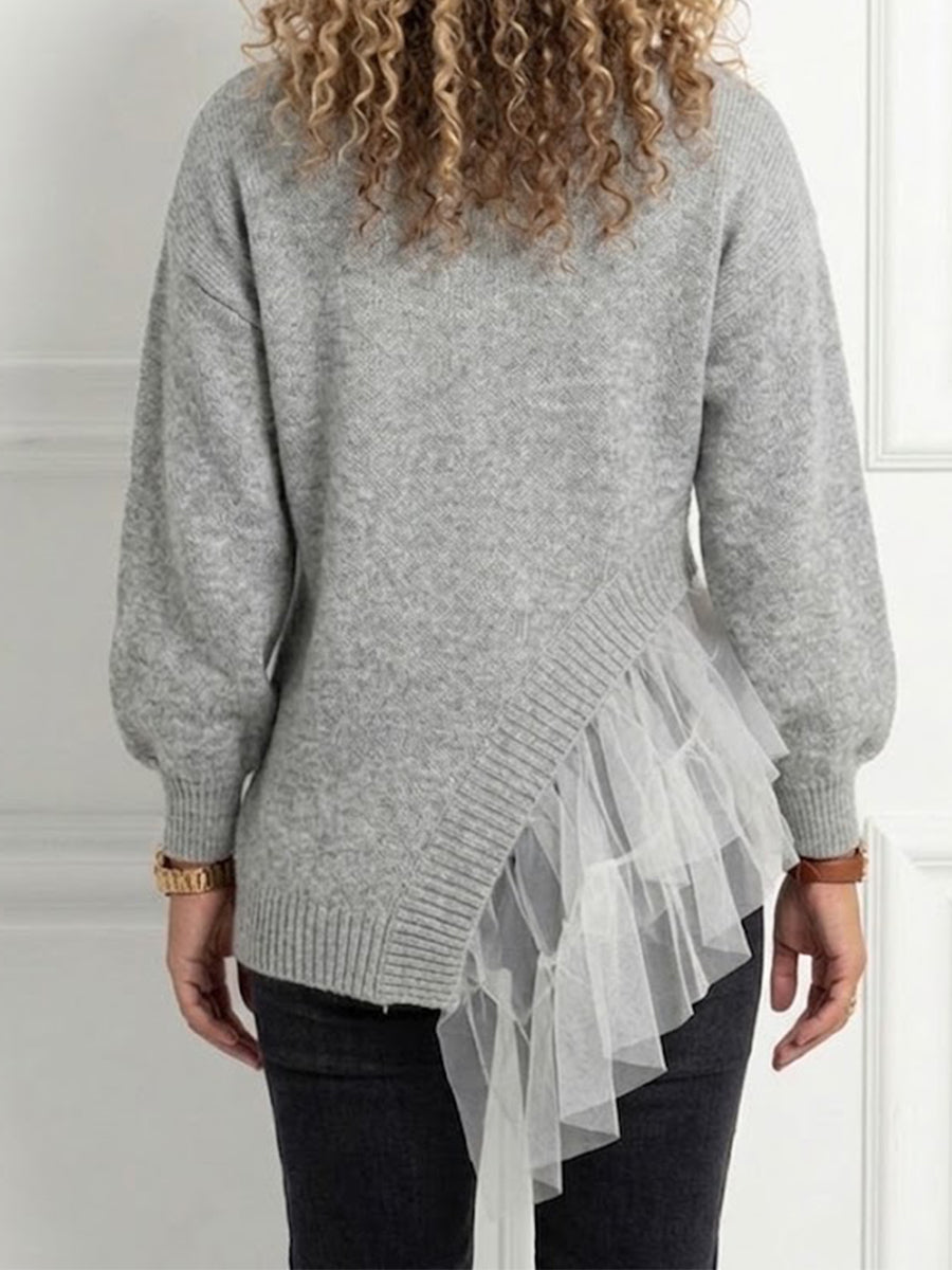 Round‑neck Irregular Tulle Spliced Knit Sweater
