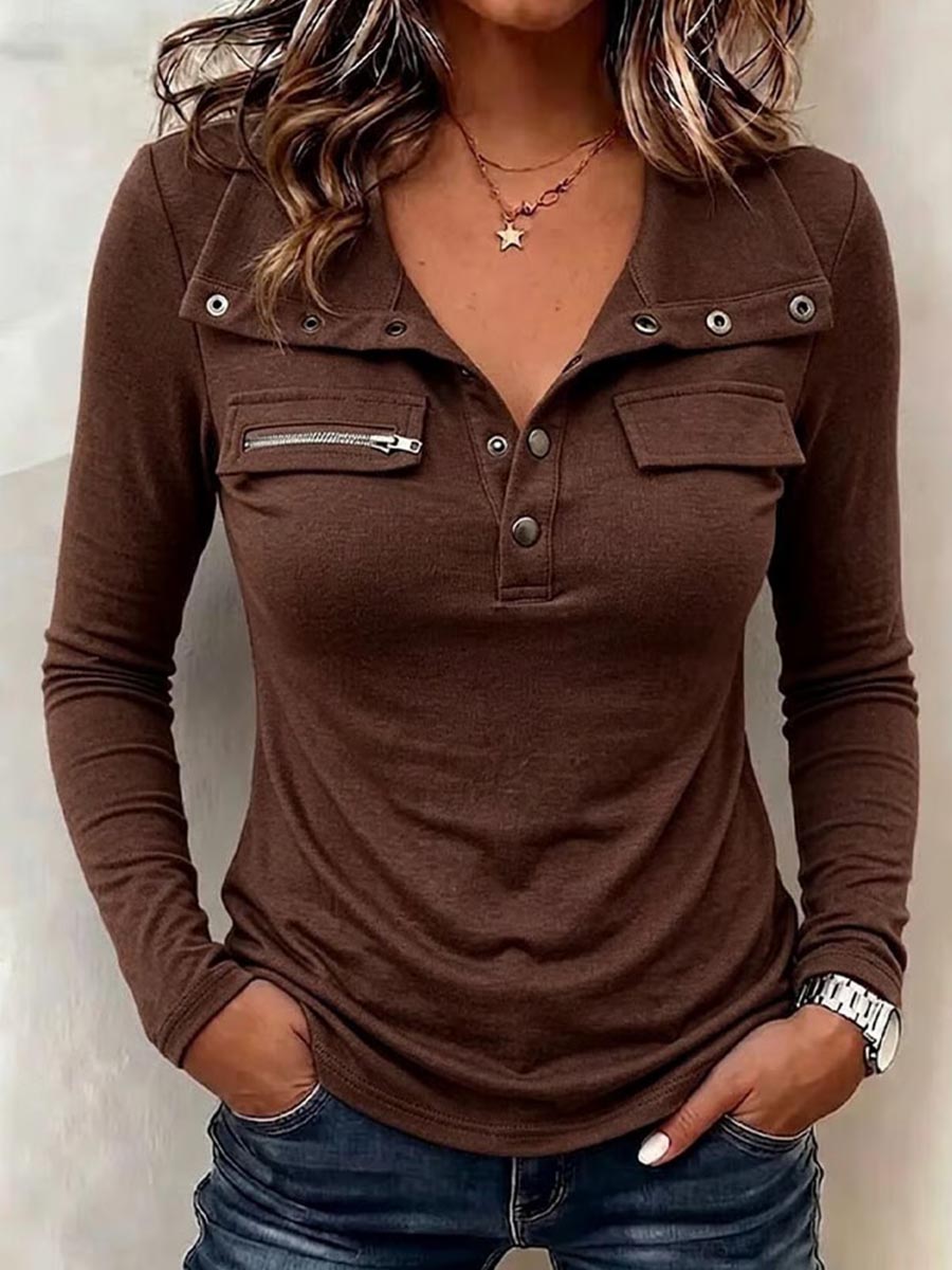 Top Henley casual da donna a maniche lunghe con bottoni automatici e dettagli sulle tasche