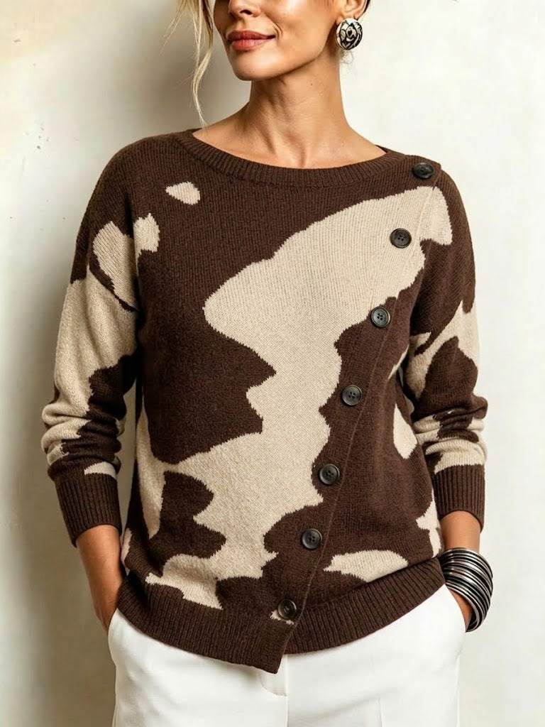 Color-block Abstract Jacquard Knit Cardigan With Diagonal Button Fastening
