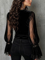Velvet Spliced Mesh Lace V-neck Fitted Long Sleeve Top