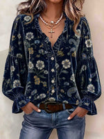Damen-Strickjacke mit V-Ausschnitt und langen Ärmeln, lässig, locker, Vintage-Stil, Blumenmuster, Samt-Cardigan