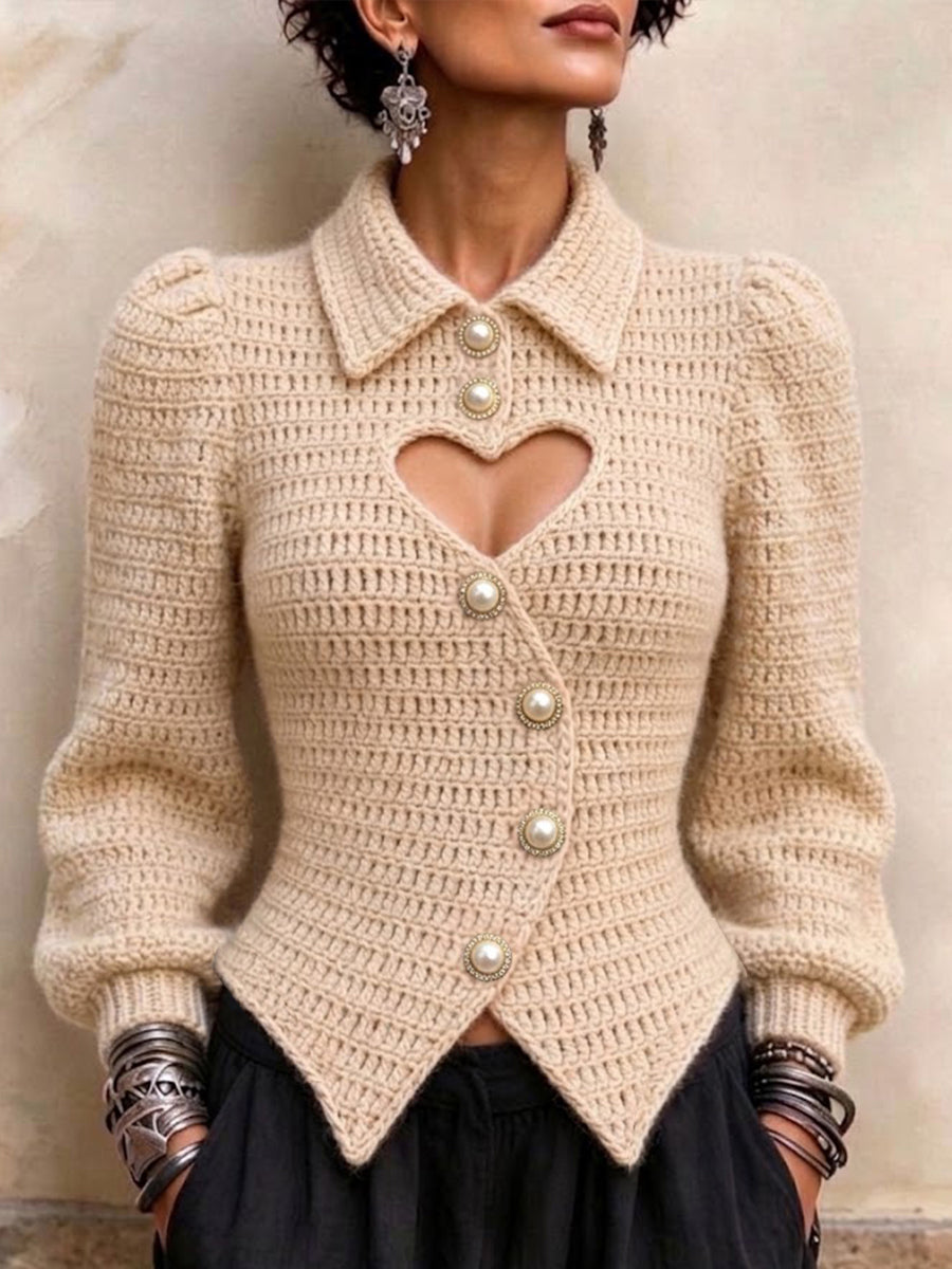 Elegante cardigan lavorato a maglia con taglio a cuore