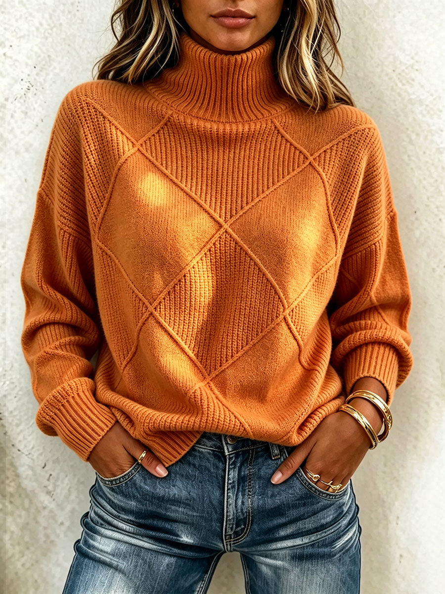 Diamond-patterned Embossed Turtleneck Sweater