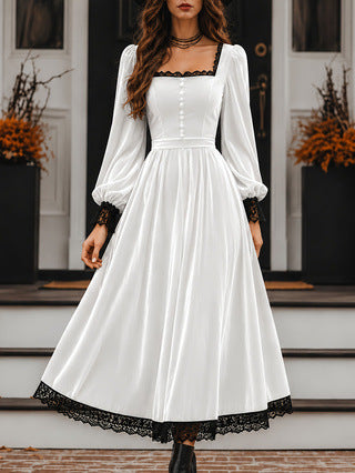 Vintage-style Exquisite Lace-trimmed Velvet Midi Dress