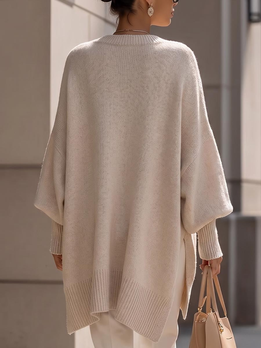 Women's Solid Color Round Neck Long-sleeved Casual Loose Knit Sweater