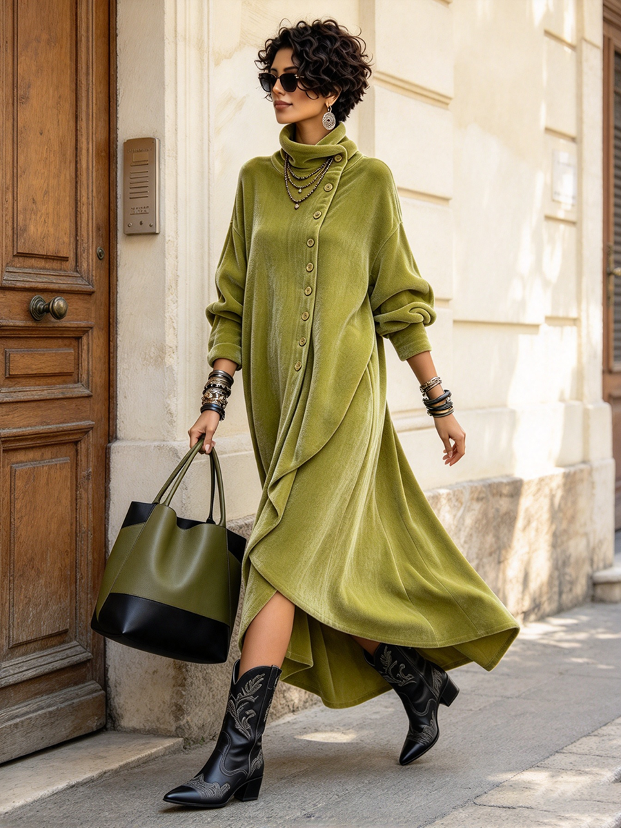 Künstlerisches asymmetrisches Maxikleid aus Samt mit hohem Kragen