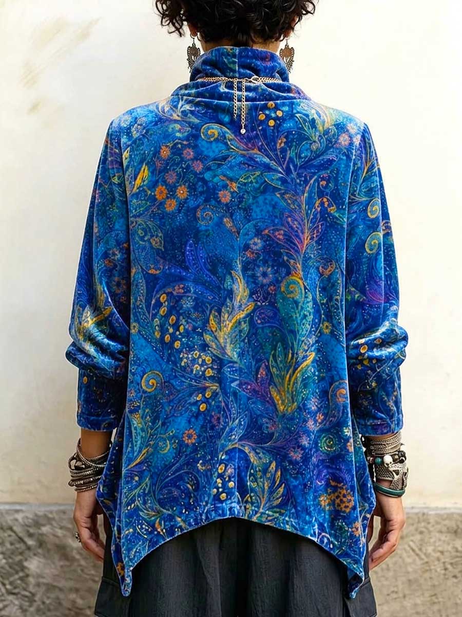 Top in velluto da donna con stampa astratta, collo alto, maniche lunghe, vestibilità ampia