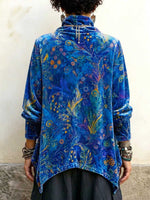 Top in velluto da donna con stampa astratta, collo alto, maniche lunghe, vestibilità ampia