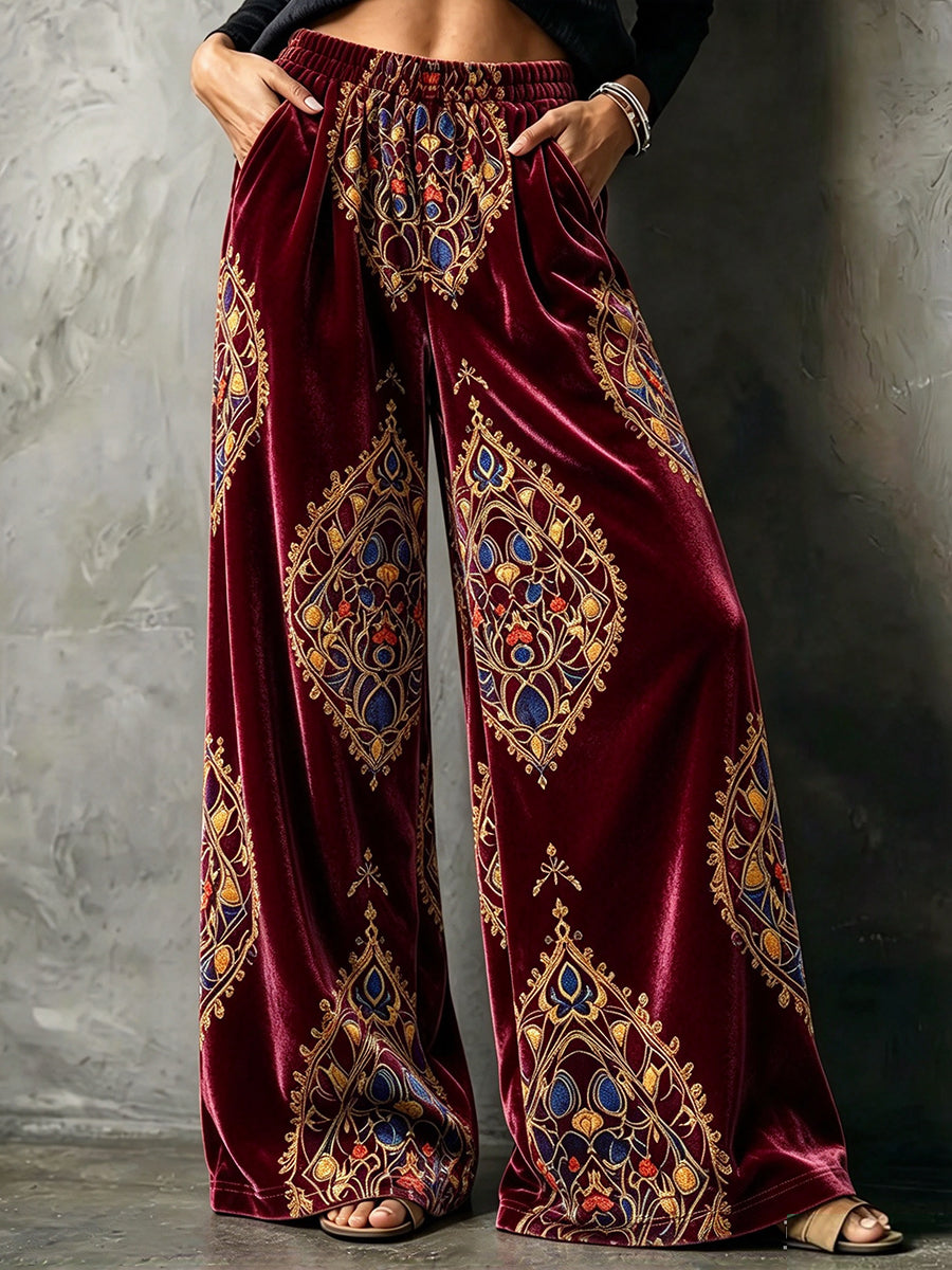 Bohemi-stila Ornamita Presita Velura Larĝkrura Pantalono Kun Elasta Talio