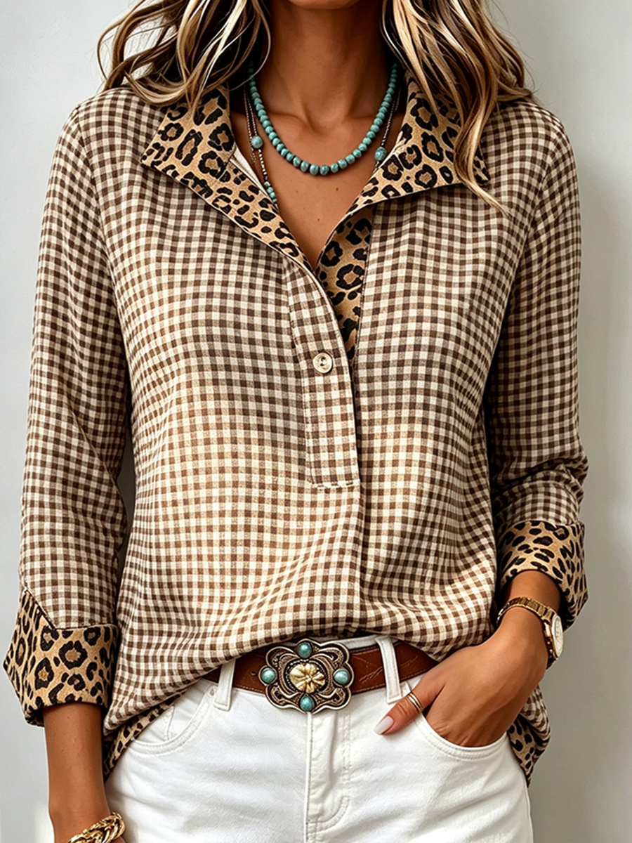 Elegante camicia in cotone a maniche lunghe a contrasto leopardato scozzese