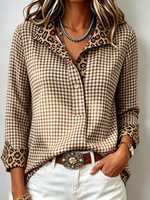 Elegante camicia in cotone a maniche lunghe a contrasto leopardato scozzese