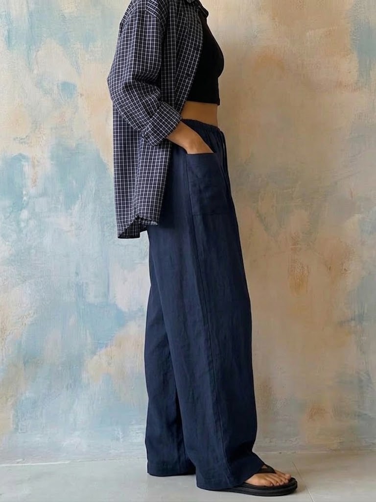 Women's Solid-color High-waisted Wide-leg Casual Pants With Drawstring