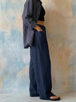 Women's Solid-color High-waisted Wide-leg Casual Pants With Drawstring