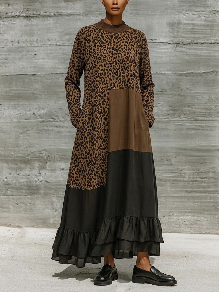 Leopard Color Block Mock Neck Ruffle Maxi Dress