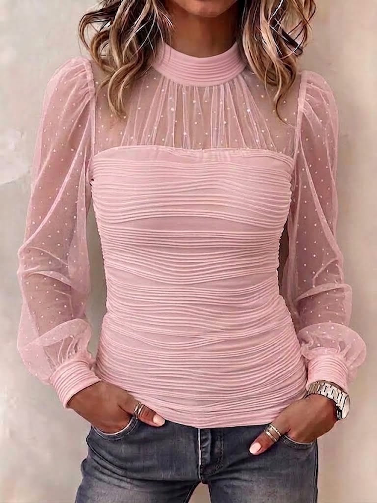 Ŝika Sheer Glitter Mesh Altkolo Long-manika Supro