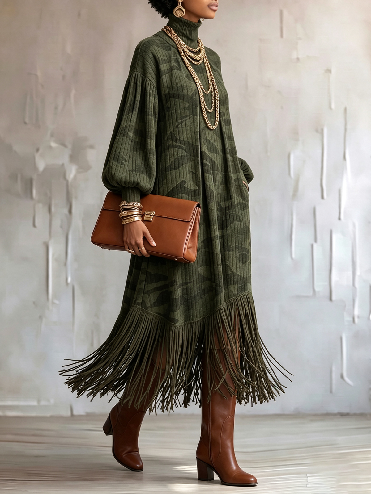 Chic Camouflage Turtleneck Fringed Dress