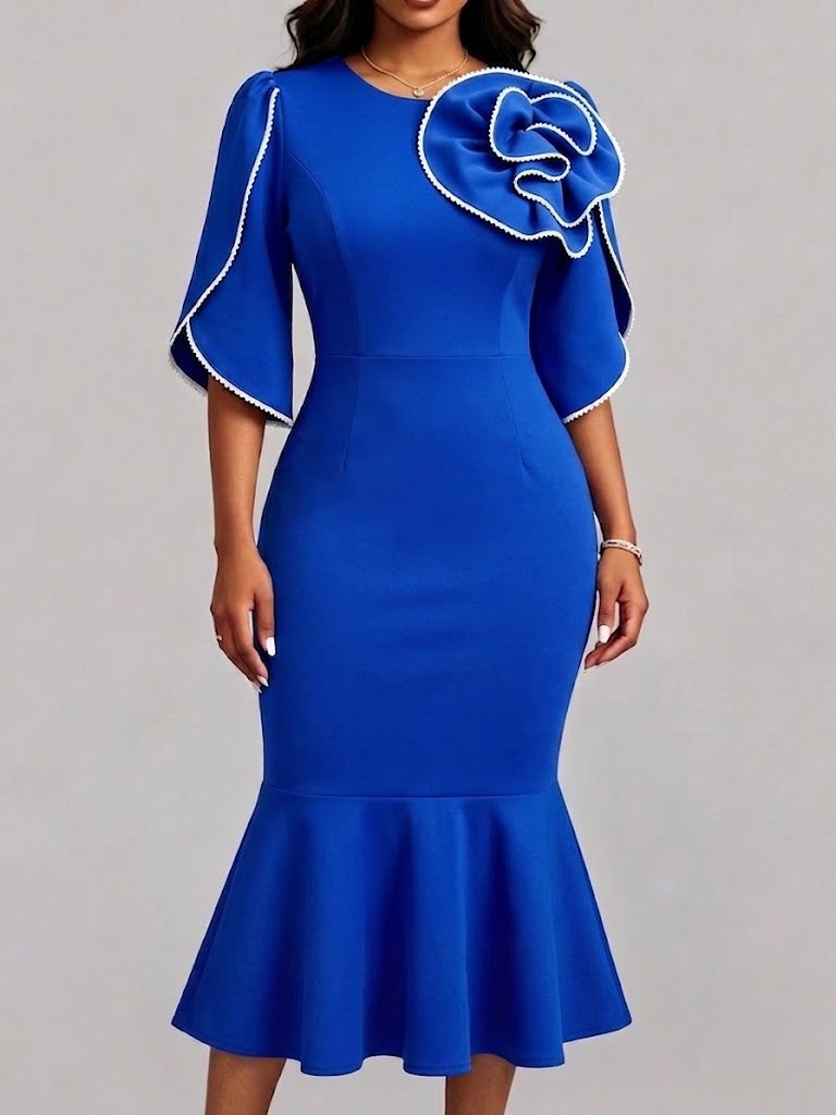 3d Floral Applique Flare Sleeve Mermaid Midi Dress