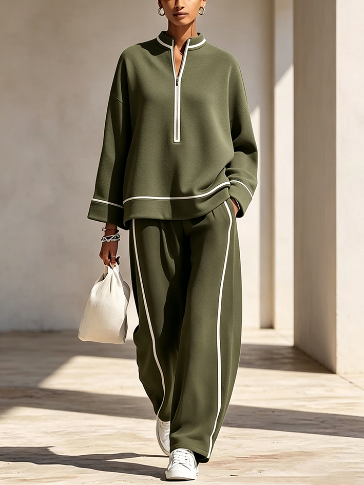 Chic Olive Green Loungewear Set With White Contrast Trim