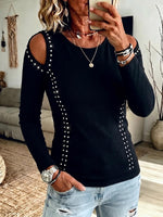 Women's Solid Color Crew Neck Cold-Shoulder Long-Sleeve Loose Casual Rhinestone-Embellished Top