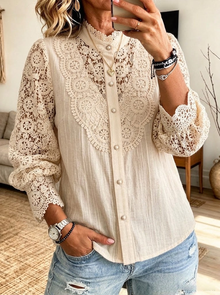Camisa elegante en mezcla de algodón con paneles de encaje