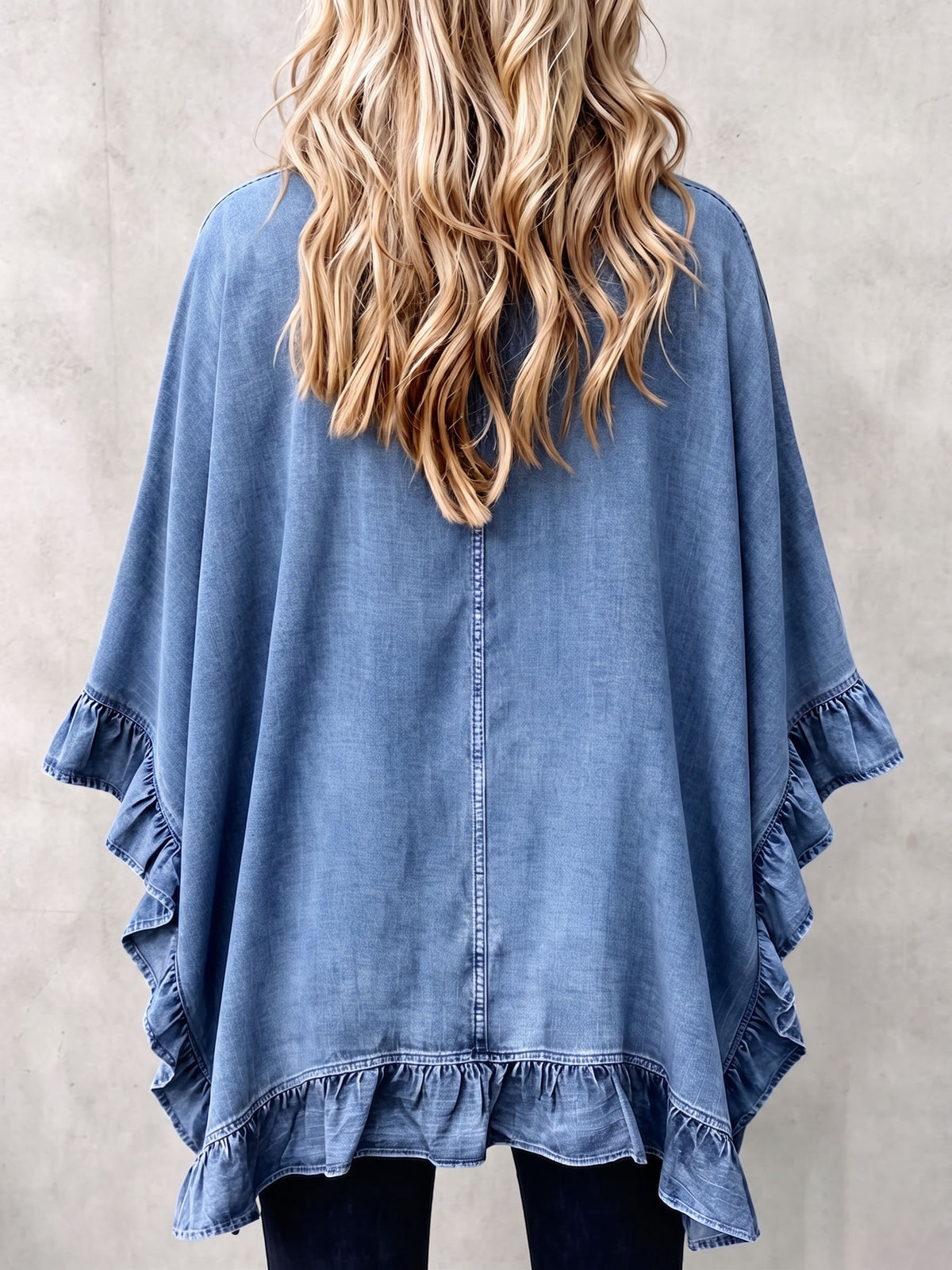 Chic Boho Denim Ruffle Trim Cardigan