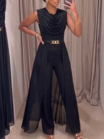 Schicker, schwarzer, drapierter, mehrlagiger Chiffon-Jumpsuit