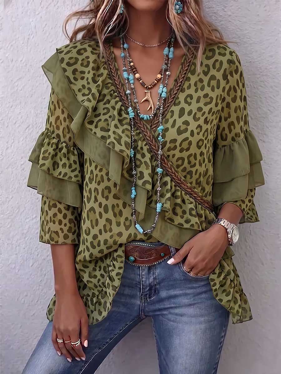 Women's Leopard Print V-neck 3/4 Sleeve Casual Loose Chiffon Top