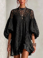 Casual Loose-fit Puff-sleeve Lace Dress