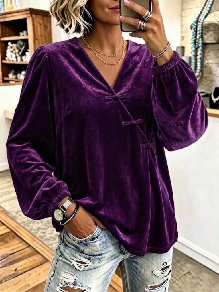Velvet V-neck Top With Frog-closure Detailing And Long Puff Sleeves