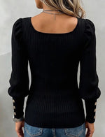 Top chic in maglia a coste con scollo quadrato e maniche a sbuffo