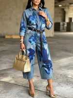 Artistic Denim Jumpsuit With Bold Blue Floral Print