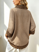 Stylish Plaid Leopard Contrast Long-sleeve Cotton Shirt Top