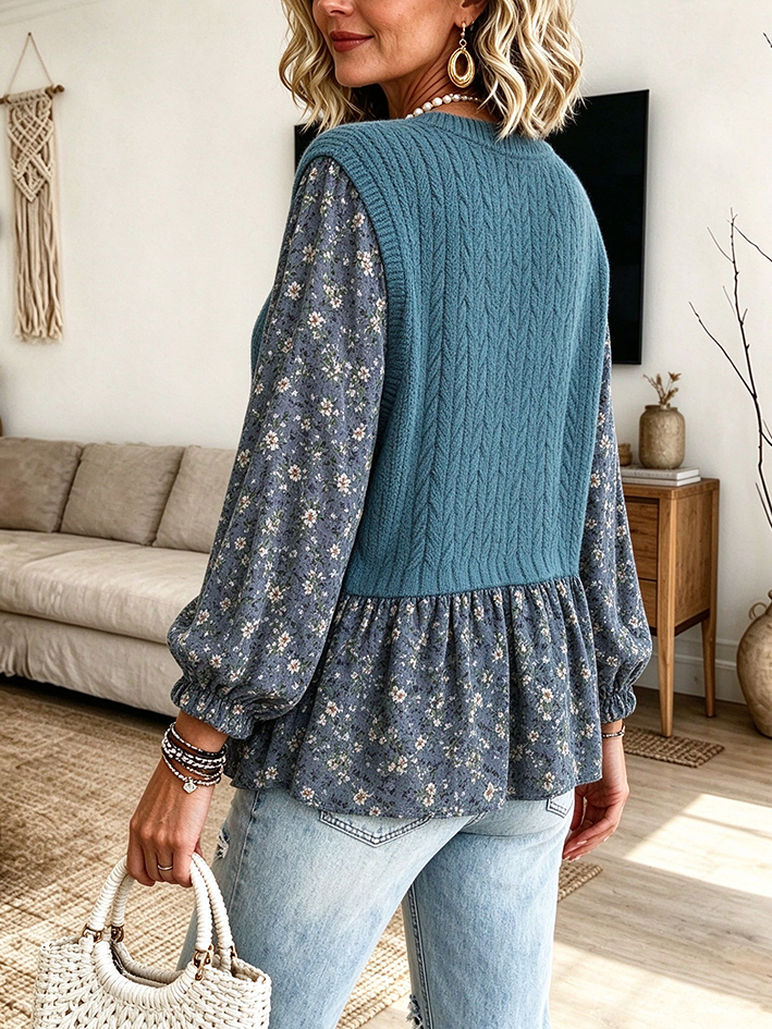 Top in maglia a trecce patchwork floreale blu casual ed elegante
