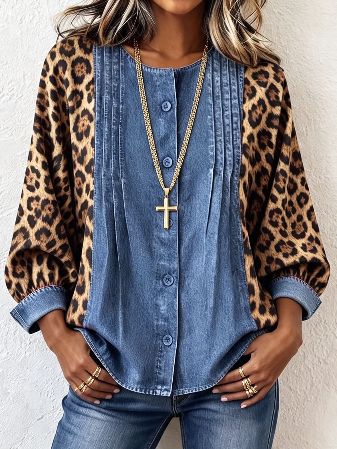 Boho Chic Bold Leopard-print Denim Shirt