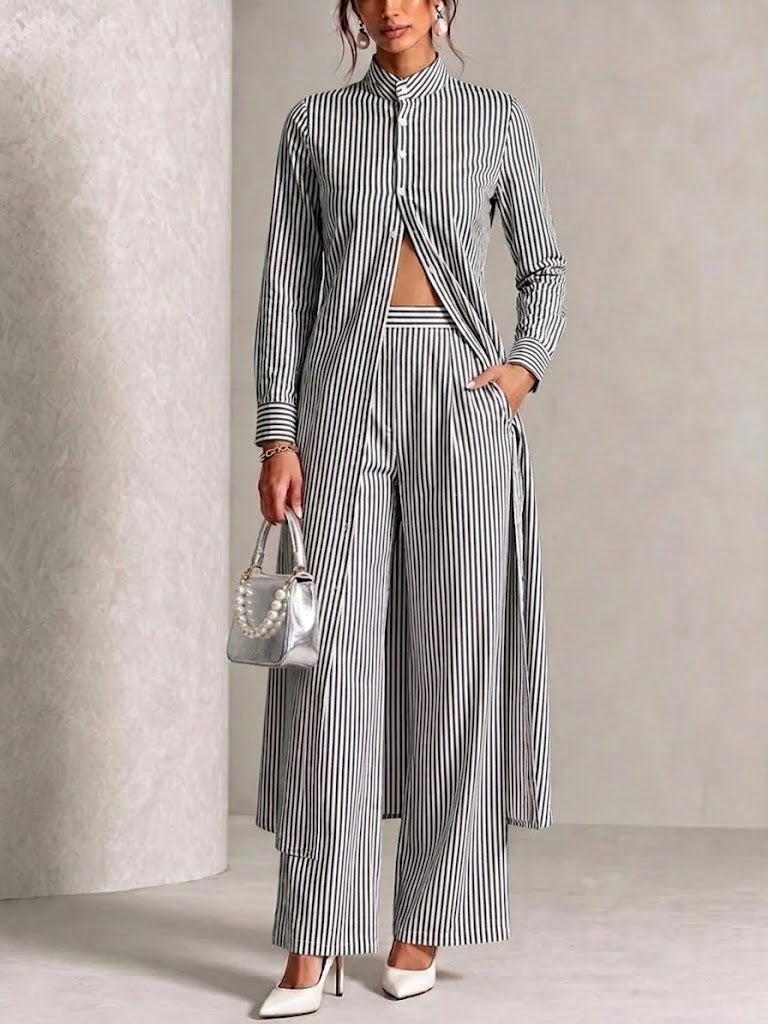 Vertical-striped Stand-collar Shirt And Wide-leg Trousers Two-piece Set