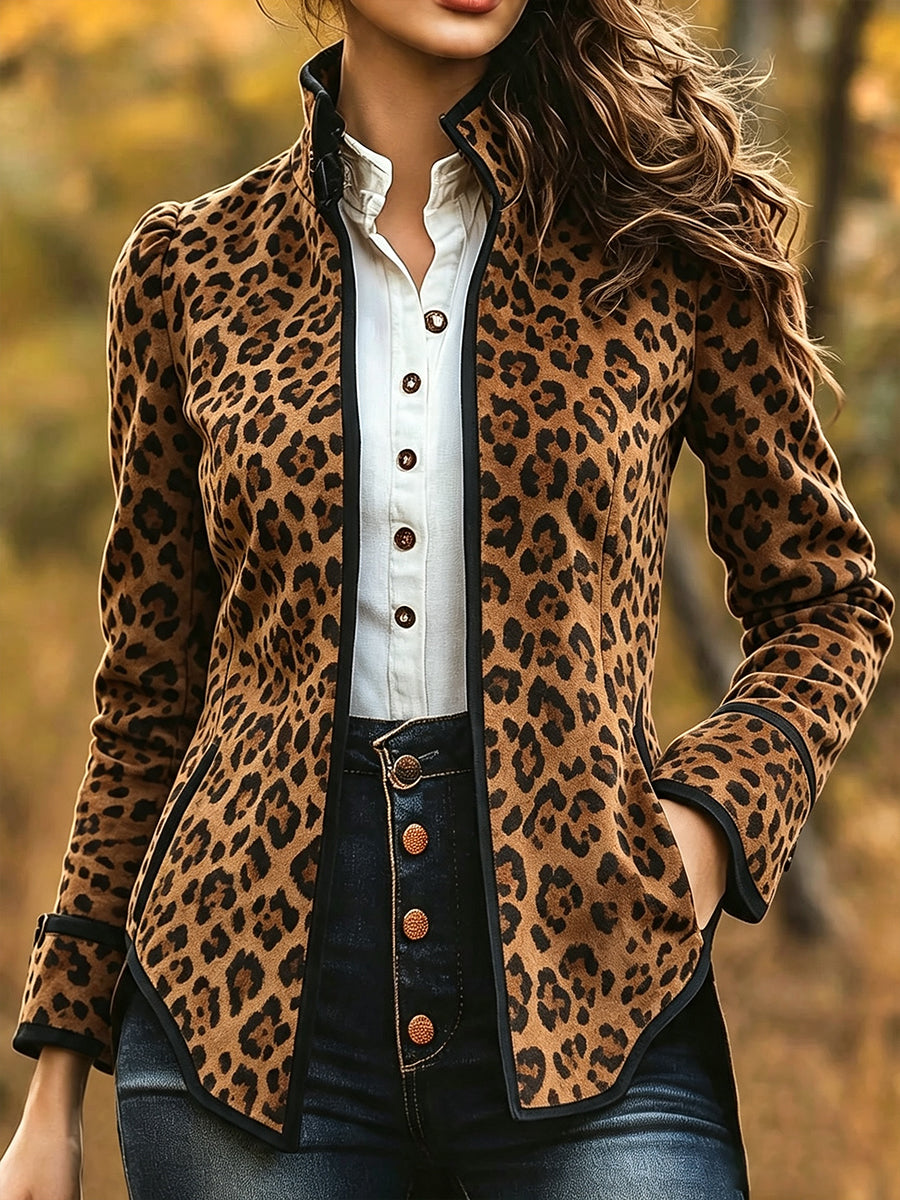 Chic Leopard Suede Contrast Trim Jacket