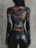 Women's Vintage Patchwork Print Long-sleeve Fitted Turtleneck Base Layer