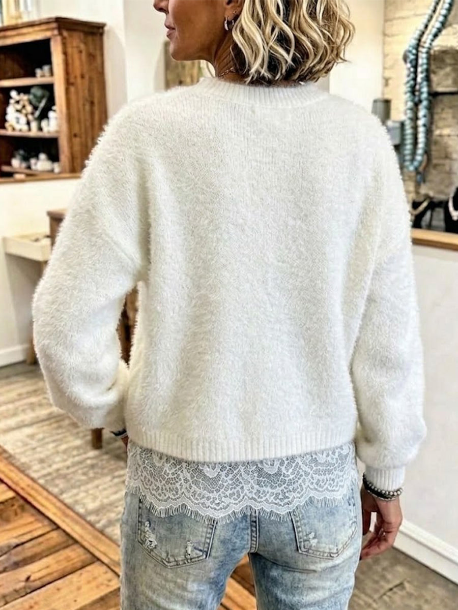 Strickpullover mit Rundhalsausschnitt und Spitzensaum im „Faux-Layered“-Design