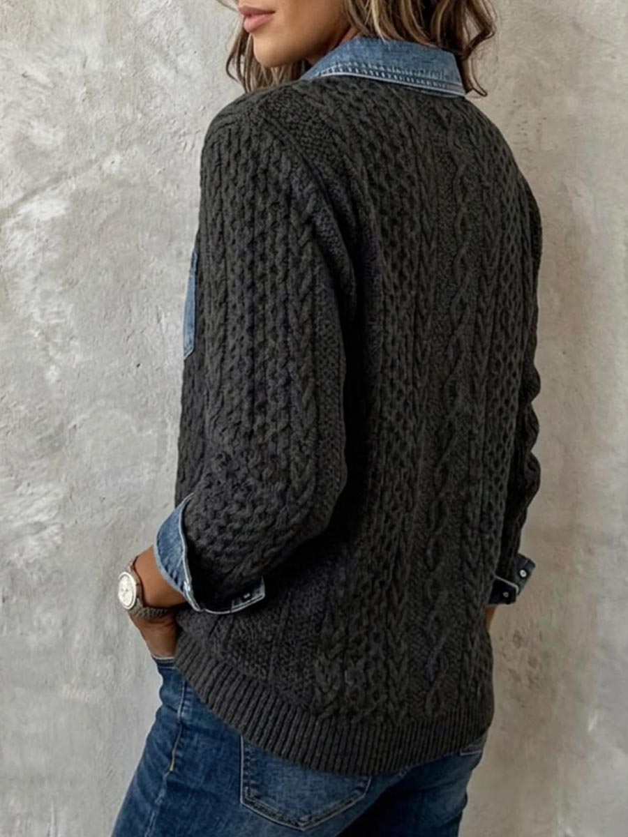 Suéter con botones y patchwork de mezclilla tejido de cable para mujer