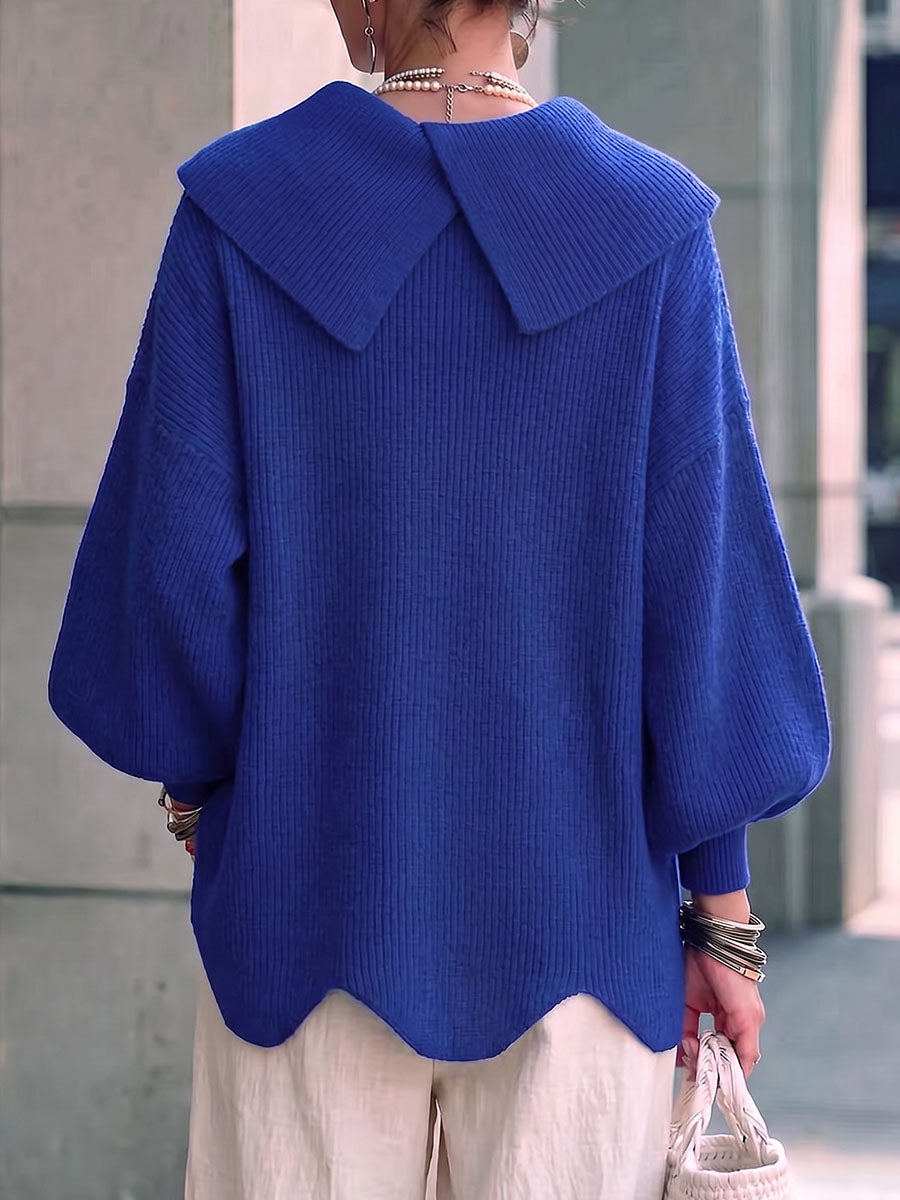 Women's Solid Color Collared Long-sleeved Casual Loose Wavy Edge Knit Pullover