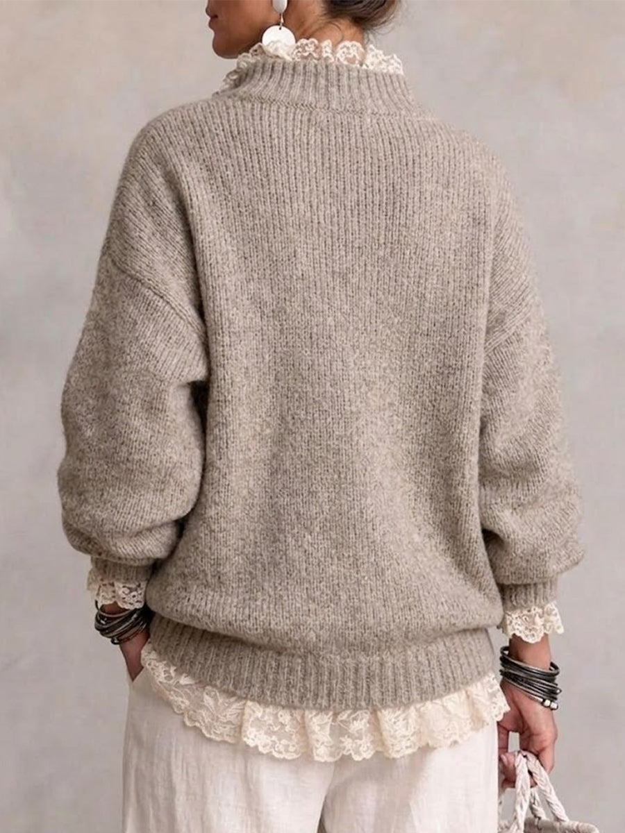 Loose-fit Knit Sweater With A Half-zip, Stand Collar, And Lace Paneling