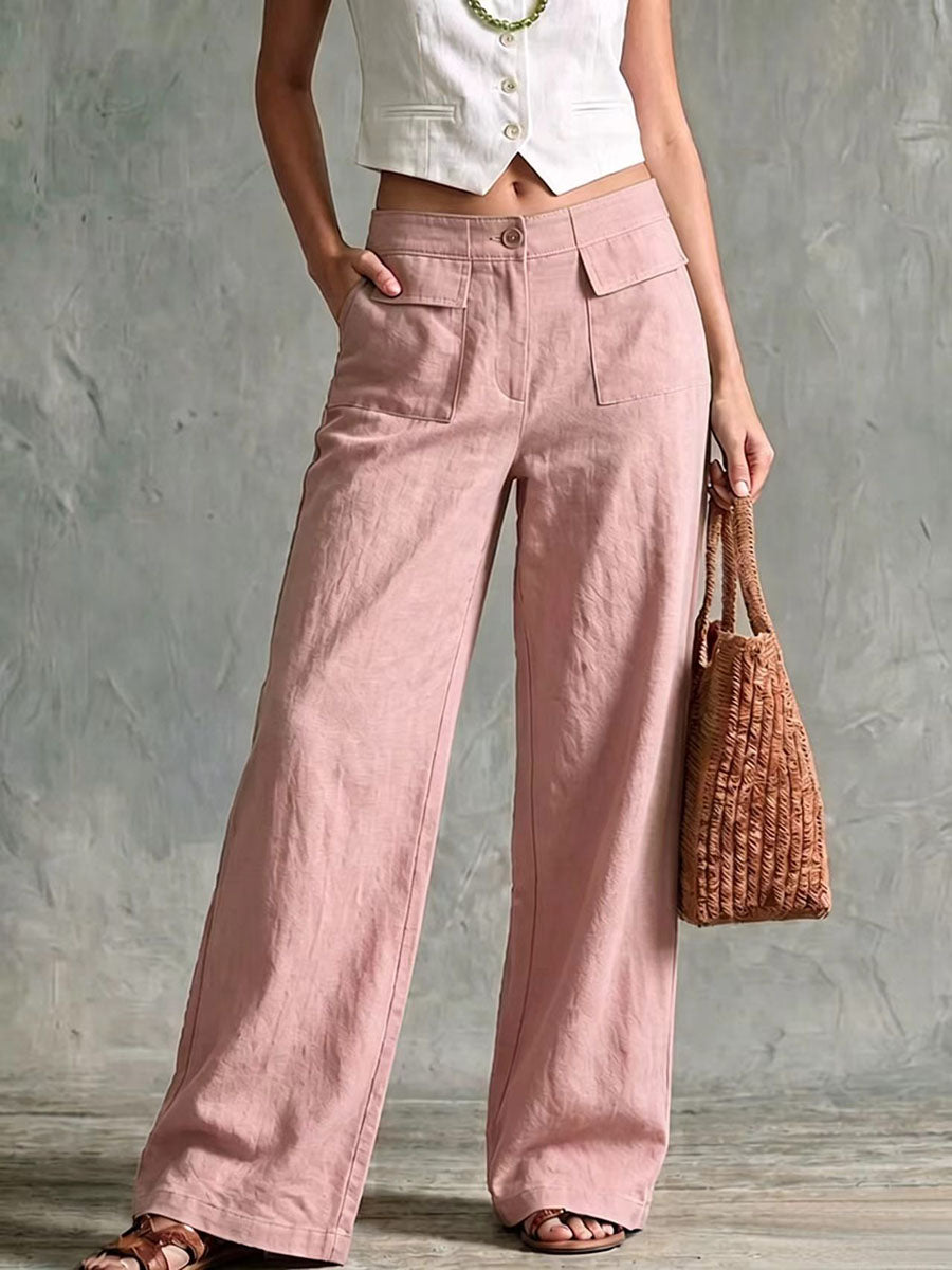 Women's Solid Color High-waisted Casual Loose Cotton Linen Wide-leg Pants